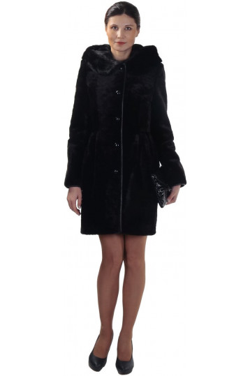 Мутоновая шуба с норковым капюшоном цвета баварский шоколад